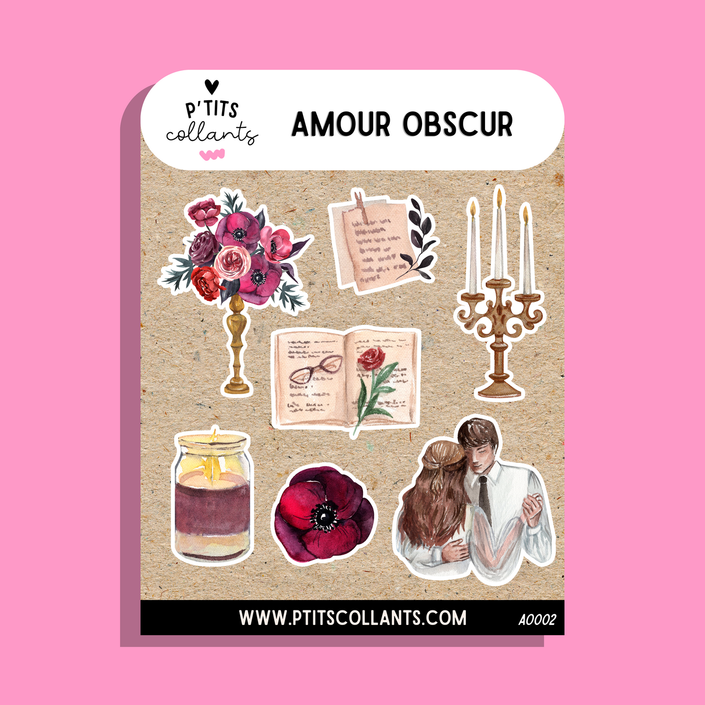 Feuille d'autocollants vinyle Amour obscur faits au Québec, P'tits collants