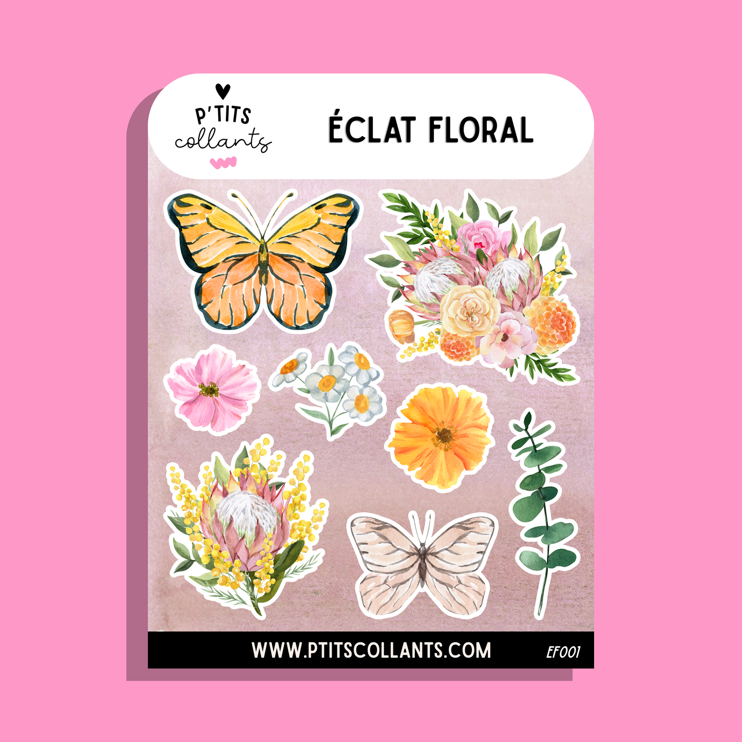 Feuille d'autocollants vinyle Éclat floral faits au Québec, P'tits collants