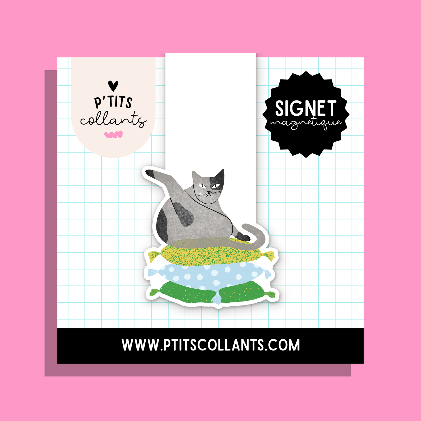 Chat sur coussins — signet magnétique P'tits collants