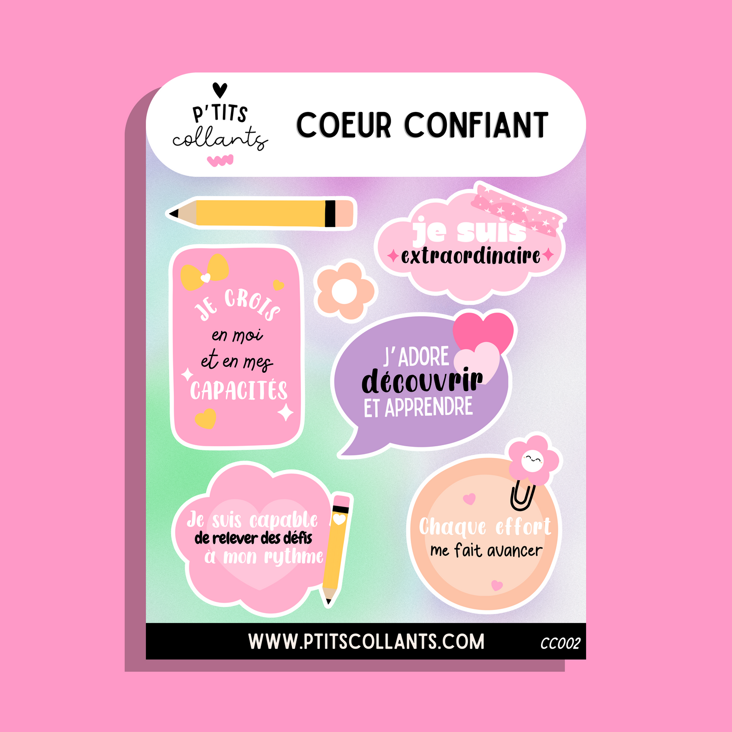 Feuille d'autocollants mots doux Coeur confiant faits au Québec, P'tits collants