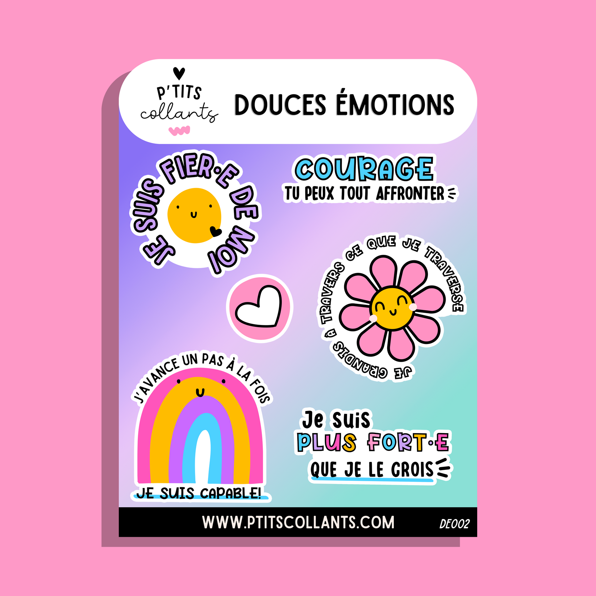 Feuille d'autocollants mots doux Douces émotions faits au Québec, P'tits collants