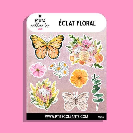 Feuille d'autocollants vinyle Éclat floral faits au Québec, P'tits collants