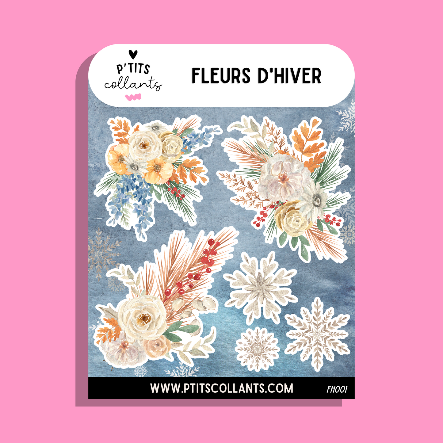 Feuille d'autocollants vinyle Fleurs d'hiver faits au Québec, P'tits collants