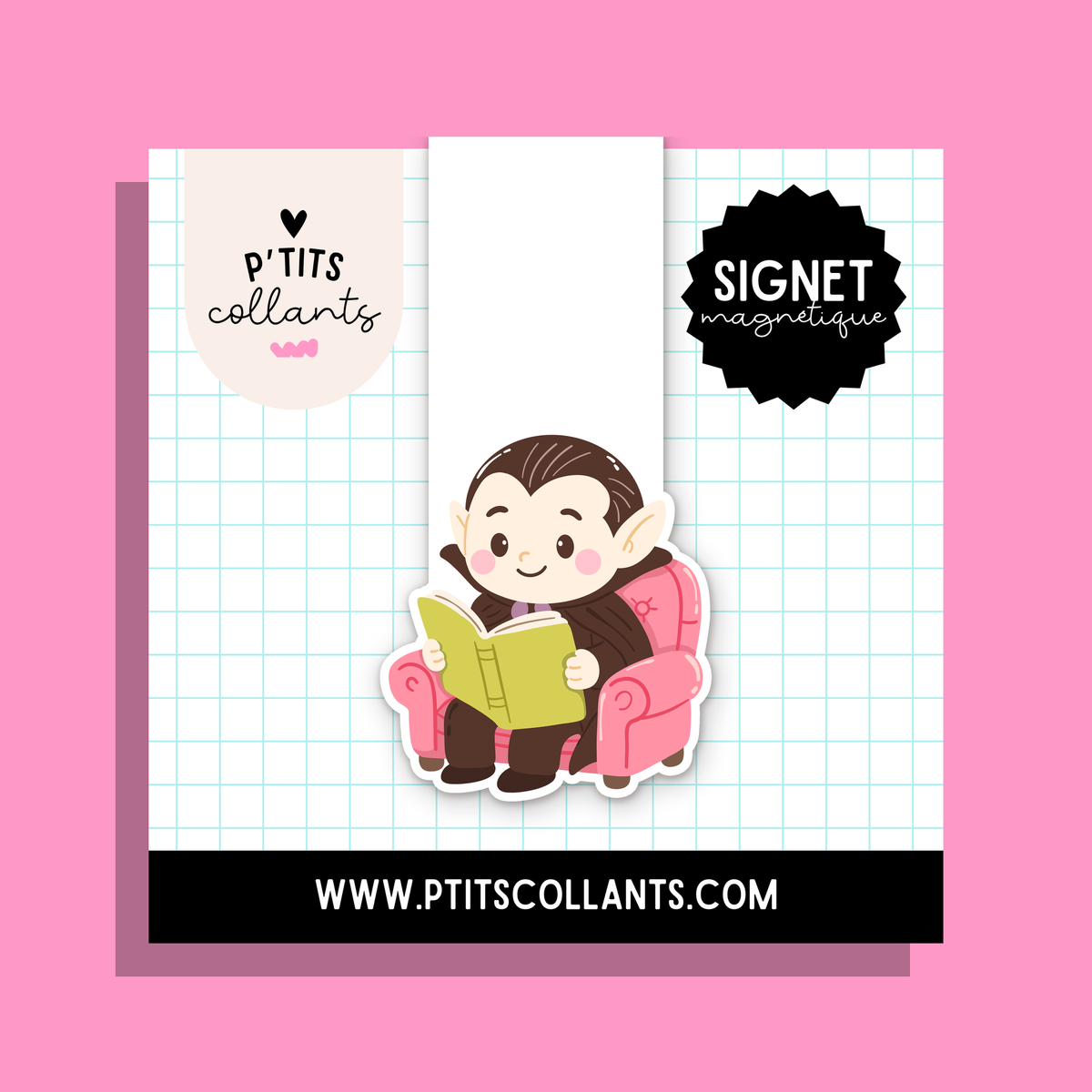 Signet magnétique Vampire dans son fauteuil, sur son carton P'tits collants