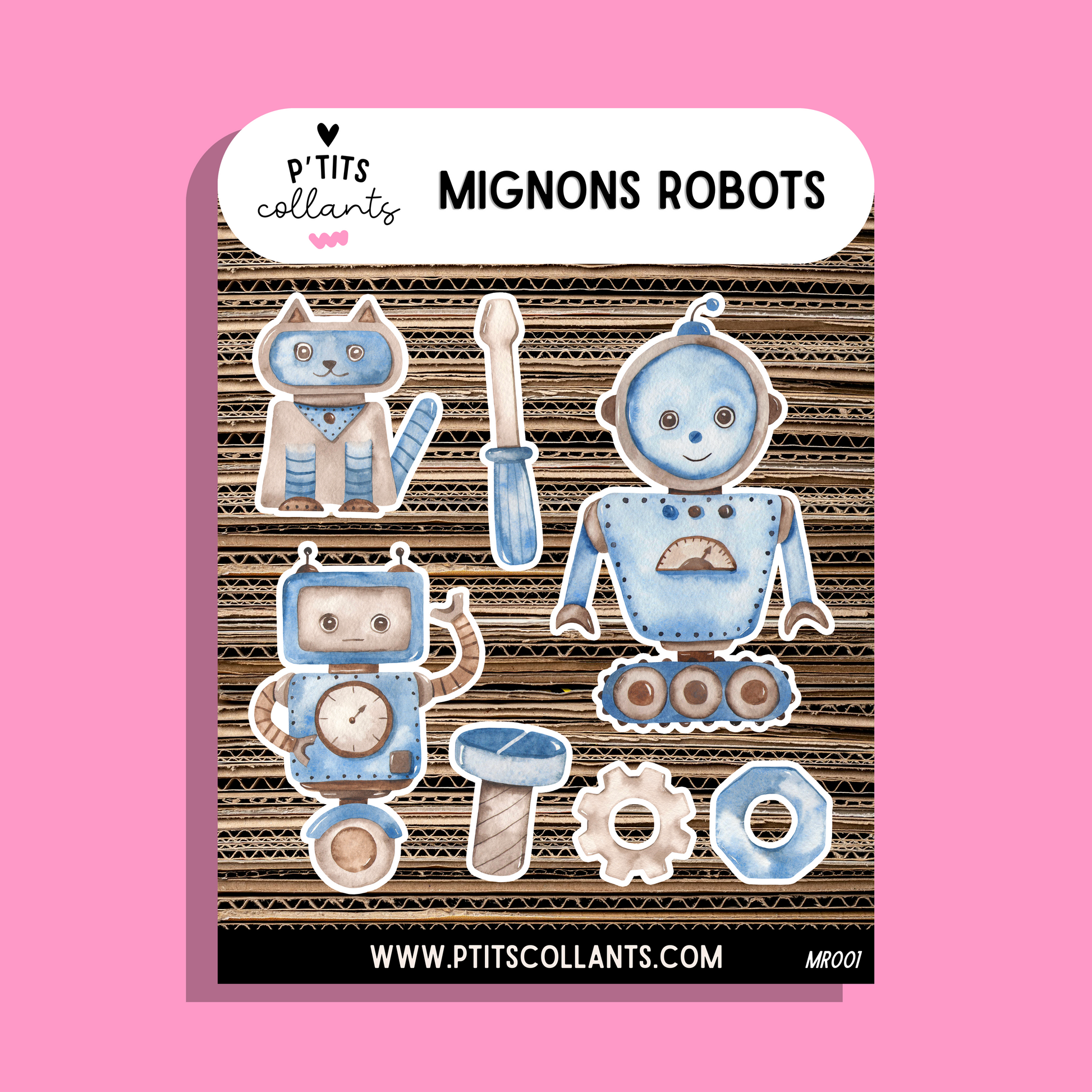 Feuille d'autocollants vinyle Mignons robots faits au Québec, P'tits collants